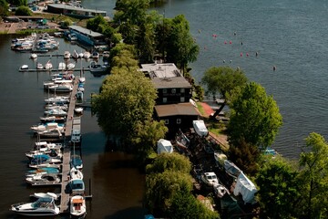 Canvas Print - Scenic view of a dock in Prague, Czech Republic, showing multiple boats