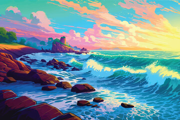 painting of sunset over the sea with stones