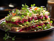Gluten-free vegan sandwiches with beet hummus, raw vegetables, and sprouts. Soft focus. Generative AI..