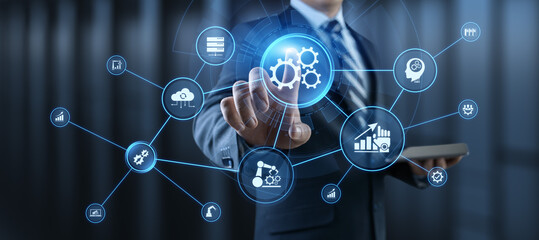 gears icons business process automation innovation technology concept. businessman pressing button o
