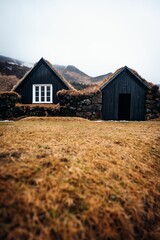 Poster - contemporary black buildings side-by-side, set against a grassy landscape in Reykjavik, Iceland