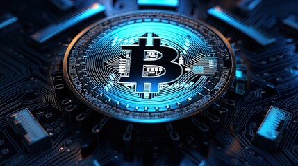 Wall Mural - Cryptocurrency Bitcoin with a blue background in the center, generated by AI