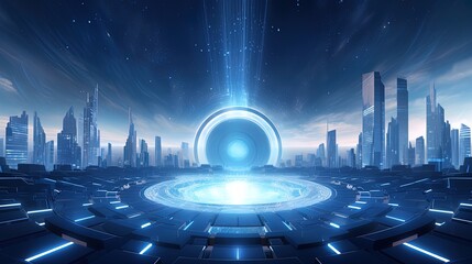 Wall Mural - vr background with blue light in the middle and city background behind, generated by ai