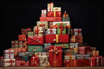 Different christmas presents on a large heap. Large stack of christmas packages. AI generated