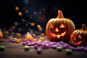 Smiling halloween pumpkin and candies in minimalist style. AI generated