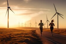 Renewable Energy And Fitness. Two Jogging Girls With A Panoramic Scenery Of Wind Farm. Best For Inflencer Blogpost.