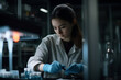 ©  Mohammad Xte - Beautiful young woman scientist in laboratory working. Young female scientist doing some research. beautiful girl relaxing. Generated Ai