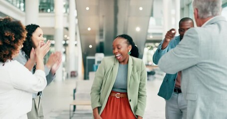 Wall Mural - Happy business people, dancing and celebration for deal success, target achievement and company growth. Energy, fun and motivation for excited employees, party in winning office and teamwork together