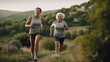 ©  Mohammad Xte - Outdoor senior fitness women Retirement, couple and running fitness health for body and heart wellness. Senior women enjoy nature run together for cardiovascular vitality workouts. Generated Ai