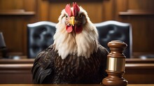 A Chicken Portrayed As A Judge, Solemnly Passing Sentence With Its Gavel. Generative AI