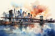 Watercolor night Brooklyn Bridge in New York. Urban landscape. Generative AI