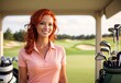 Beautiful smile attractive redhead women on golf course