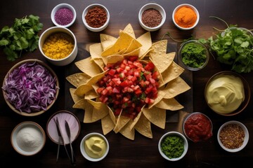 nacho assembly process with ingredients in bowls