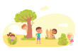 Little kids playing hide and seek in park. Playing game with friends outdoor in summer vacations vector illustration. Boy counting, boys hiding begind tree, girl running to hide