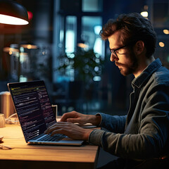 software development concept. Man Coding programmer, software engineer working on laptop with javascript computer code on screen, internet of things IoT, digital technology, Generative AI
