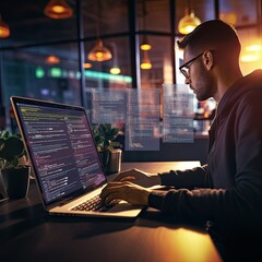 software development concept. Man Coding programmer, software engineer working on laptop with javascript computer code on screen, internet of things IoT, digital technology, Generative AI