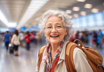 Wall Mural - Very happy old woman at airport terminal