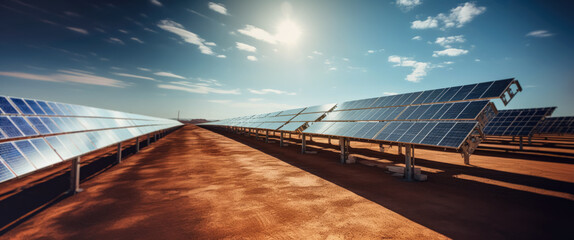 Wall Mural - solar photovoltaic panels installed in desert, hot sunny day, green renewable energy concept. genera