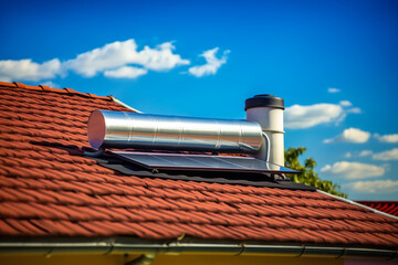 Wall Mural - Small solar water heating system - panel and cylinder tank - installed on a house roof. Generative AI