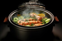 Steamer With Lid Open, Revealing Freshly Cooked Meal