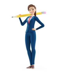 Wall Mural - 3d happy cartoon businesswoman holding pencil