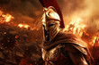 spartan king demigod in golden armor and helmet, holding spear and shield on burning battlefield background 