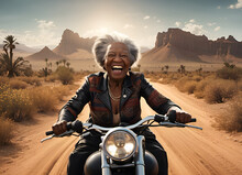 An African American Granny Sits Enraptured On A Motorcycle In A Desert Environment