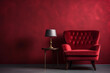 Beautiful luxury classic velvet red clean interior room in classic style with velvet red soft armchair. Vintage antique velvet chair standing beside emerald wall. Minimalist home design. High quality
