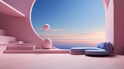 Sticker -  a room with a couch and a round window with a view of the ocean.  generative ai