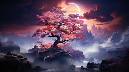 Wall Mural - a painting of a tree in the middle of a mountain. generative ai