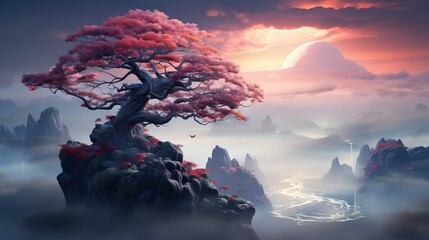 Wall Mural - a lone tree perched atop a rocky outcrop in the middle of a foggy landscape, with mountains in the b