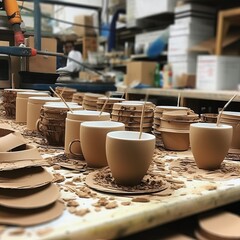 Production of cups at the factory, capacity for coffee and tea. Everyday crockery, printing on cups. Generative AI