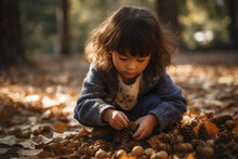 Little Asian Girl Toddler Playing With Pine Cones In Autumn Fall Park 