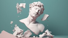 Head Of David's Statue, Sculpture Bust, 3d Rendering Style On Pastel Background. Broken And Shattered In Large Pieces And Tiny Fragments..