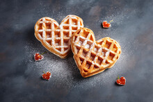 Freshly Baked Homemade Heart Shaped Belgium Waffles On Gray Background. European Baked Pastry Sweets. St. Valentine's Day Breakfast Concept, Generative Ai