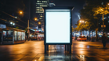 White Vertical Digital Blank Billboard Poster On City Street Bus Stop Sign At Rainy Night, Blurred Urban Background With Skyscraper, People, Mockup For Advertisement