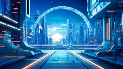 Wall Mural - futuristic city sci fi fi with blue and white futuristic space background with glowing neon lights a