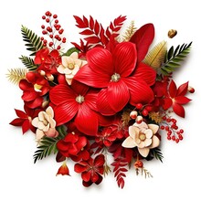 Holiday Floral Arrangement From Red Christmas Flower Poinsettia With Red Berries And Mistletoe, Home Decoration Illustration Decor Greeting Card For Christmas And New Year Generative AI