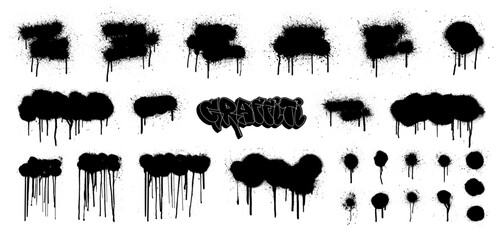 Fototapete - Spray graffiti vector texture. Dried paint with drips and splatters. Dirty artistic graphic box. Graffiti spray mockup for street art. Stencil urban texture, black paint spots with splatters. Vector