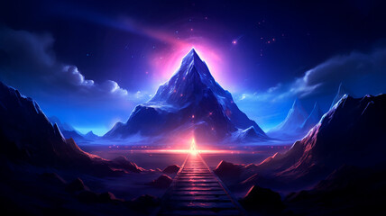 fantasy landscape with neon light mountain. Generative AI illustrator