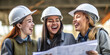 © XaMaps - Empowering scene of three young women in hard hats, holding architectural plans and laughing together against a steel grey background, symbolizing their fearlessness in engineering. Generative AI