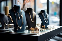 Boutique Display: Accessories And Jewelry Sets With Necklaces And Earrings. AI
