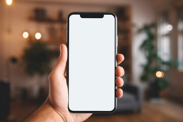 Wall Mural - Mockup concept of a hand holding a modern smartphone with a white screen with a living room in the background. Generative AI