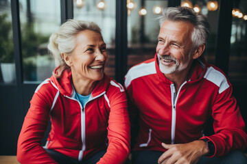 Healthy lifestyle, leisure and hobbies concept. Happy middle aged couple doing sport together. Generative AI