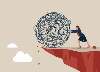 Woman push messy chaos stress ball off a cliff. Depression and anxiety caused by stress and pressure, relaxation help relieve stress. Vector illustration