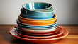 colorful tableware on the wooden shelf.generative ai