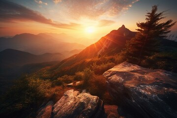 Breathtaking mountain sunrise motivating nature protection. Generative AI