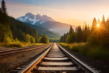 Abandoned Train Tracks In The Middle Of The Forests, Tall Trees And Sunset Background
