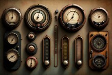 Wall of vintage gauges with needles at various levels. Generative AI