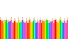 Colorful Realistic Pencils Border. Rainbow Colored Crayons In A Line. Png Clipart Isolated On Transparent Background